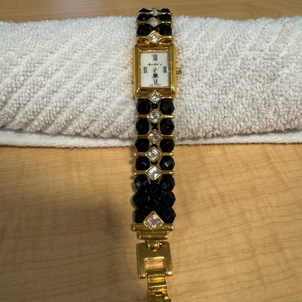 Gloria Vanderbilt Gold-Tone Bracelet Watch with Black Beads